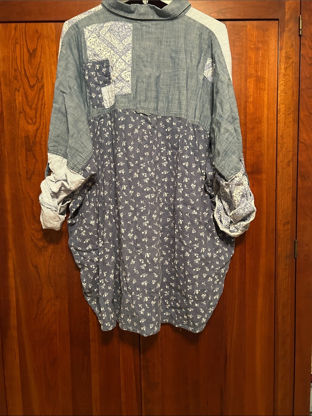 American Eagle Outfitters Blue and White Patchwork Button-Down Shirt - Picture 2 of 4